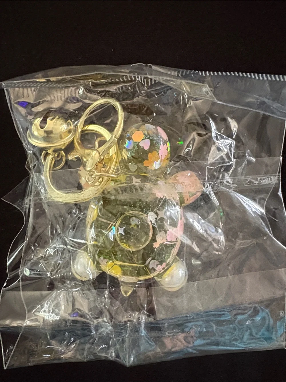 Clear Yellow Water Filled Turtle Keychain Bag Charm Glitter Faux Pearls